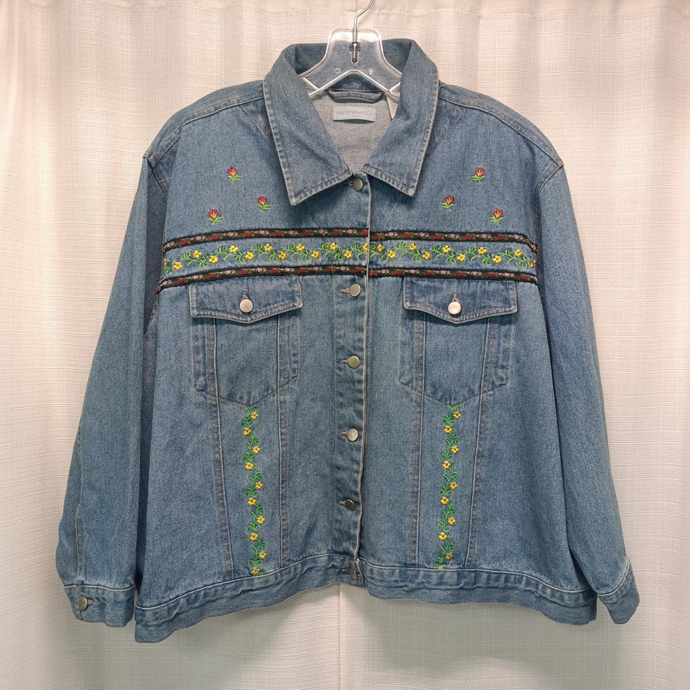 North West‎ Blue Womens 2X Blue Denim Jean Jacket Floral Cottagecore Chore Vtg